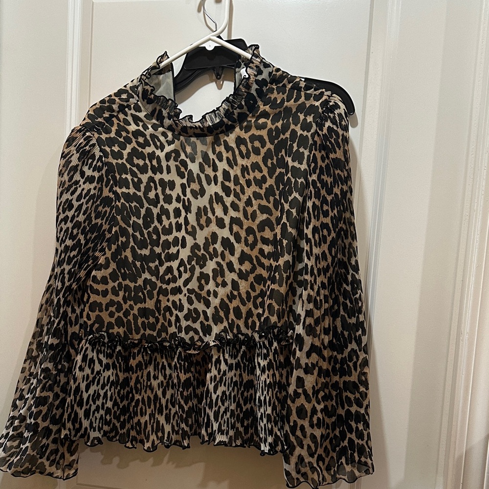 Ganni Animal Print Ruffle Blouse